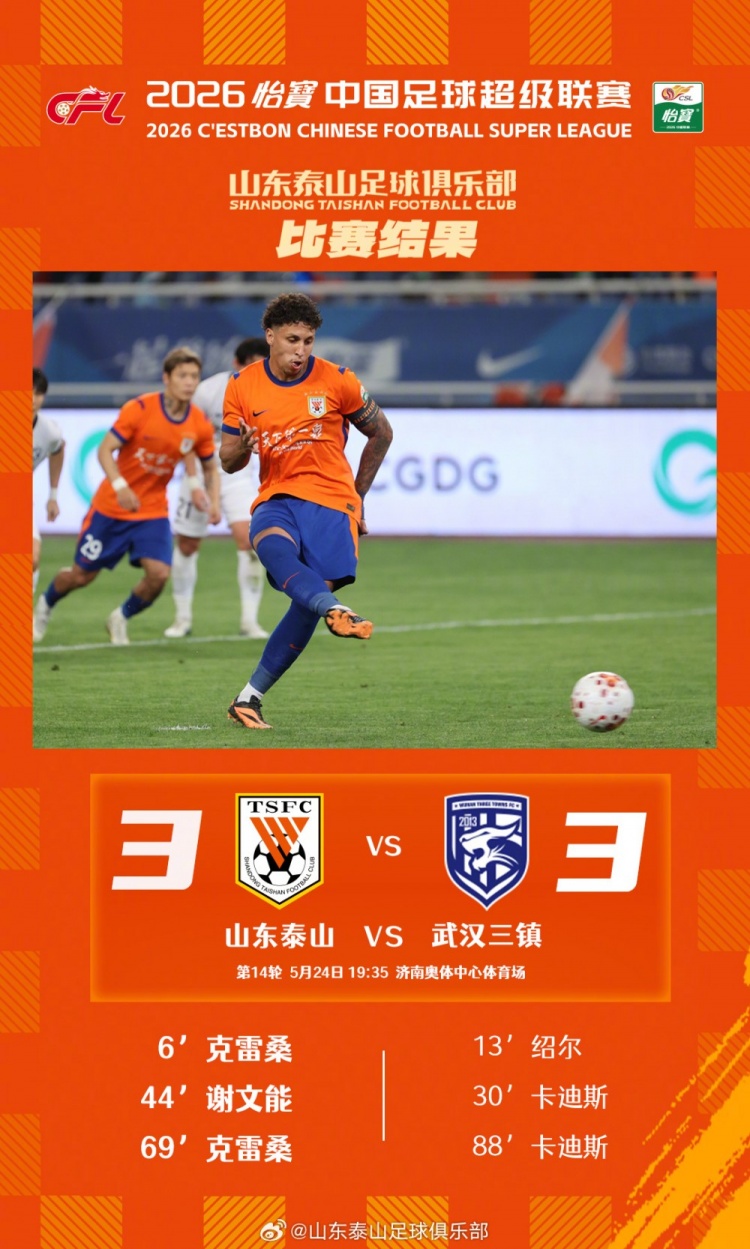 進球大戰！泰山主場3-3三鎮，半程收官前遭阻擊