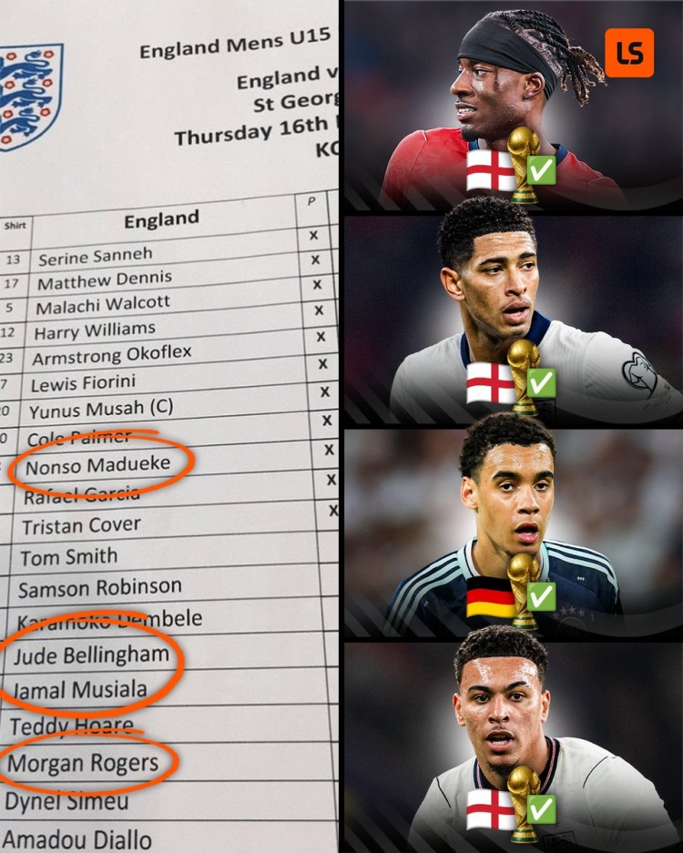 英格蘭U15四子齊聚2026世界杯：貝林穆西亞拉領銜，帕爾默落選