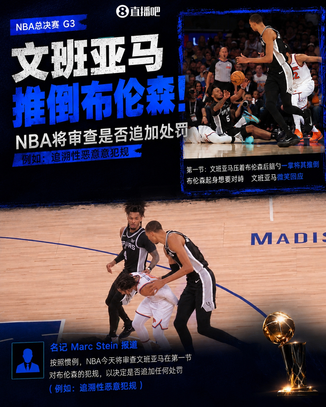 NBA審查文班亞馬推倒布倫森動作，或追加惡意犯規