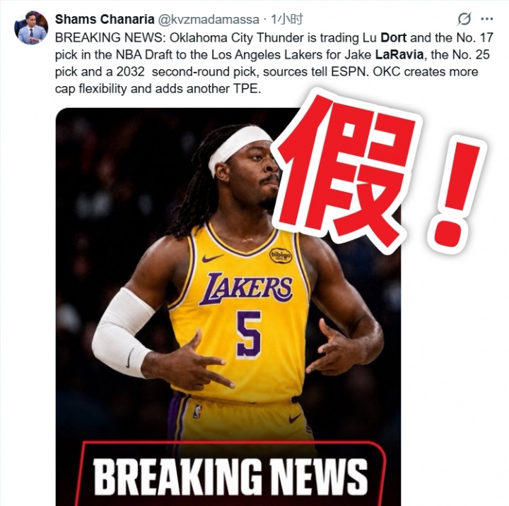 假Shams賬號造謠湖人交易:拉拉維亞換多特子虛烏有 假Shams賬號造謠湖人交易:拉拉維亞換多特子虛烏有